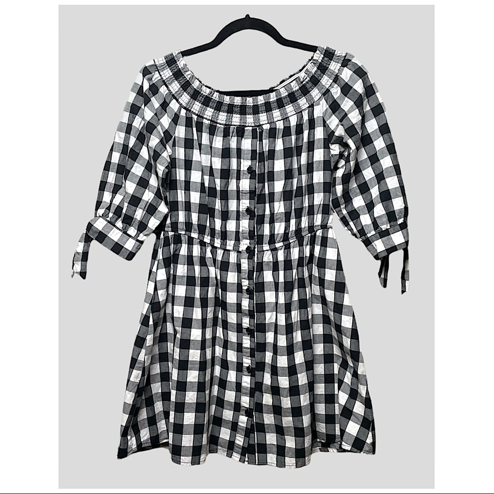 BOUTIQUE | GINGHAM PLAID BUTTON FRONT OFF THE SHOULDER MINI DRESS